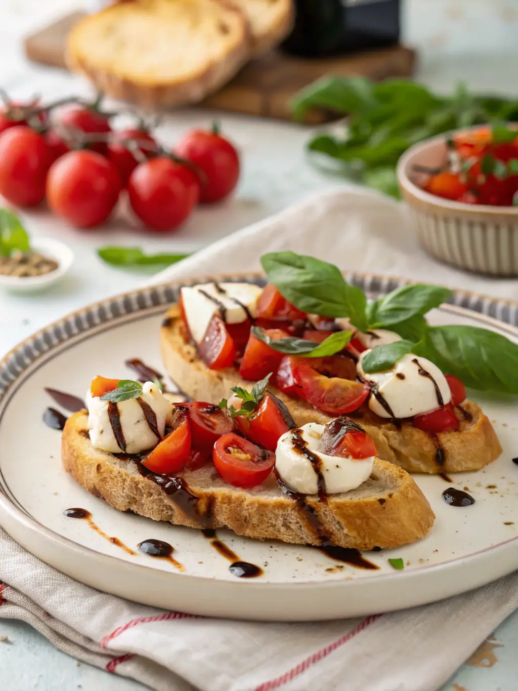 A close-up shot of Bruschetta topped with diced tomatoes, garlic, basil, and olive oil, arranged on a wooden serving board.