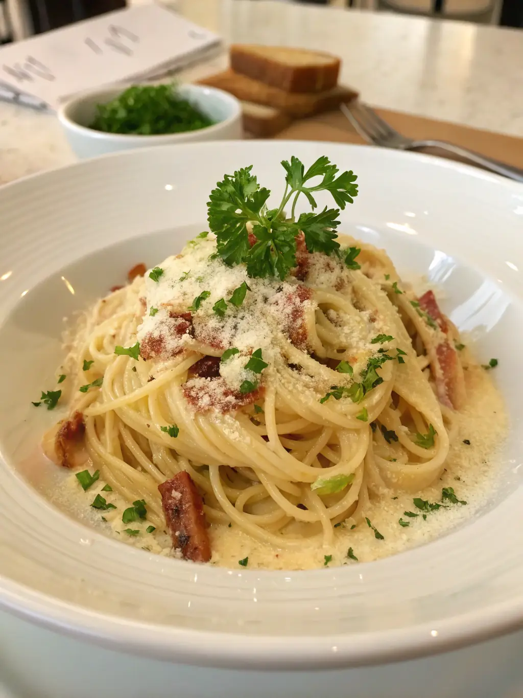 A vibrant photo of a classic Spaghetti Carbonara dish, showcasing the creamy sauce, crispy pancetta, and perfectly cooked spaghetti, served in a rustic Italian bowl.