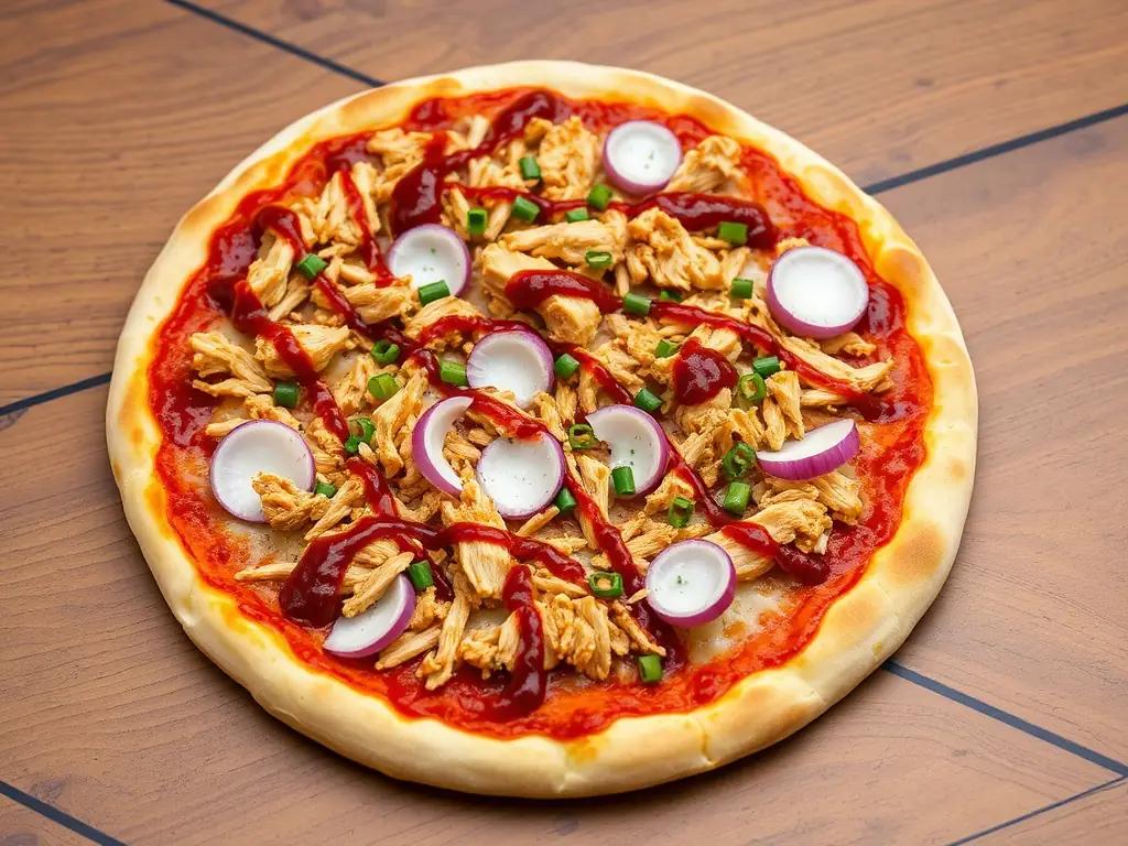 A visually appealing image of a specialty pizza with unique toppings such as BBQ chicken, pineapple, red onions, and a tangy BBQ sauce, showcasing the innovative flavors at Pizza Capers.