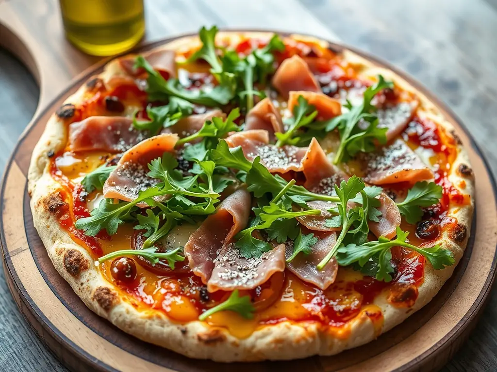 A close-up shot of a gourmet pizza with a variety of toppings such as prosciutto, arugula, truffle oil, and artisanal cheese, highlighting the premium ingredients used at Pizza Capers.