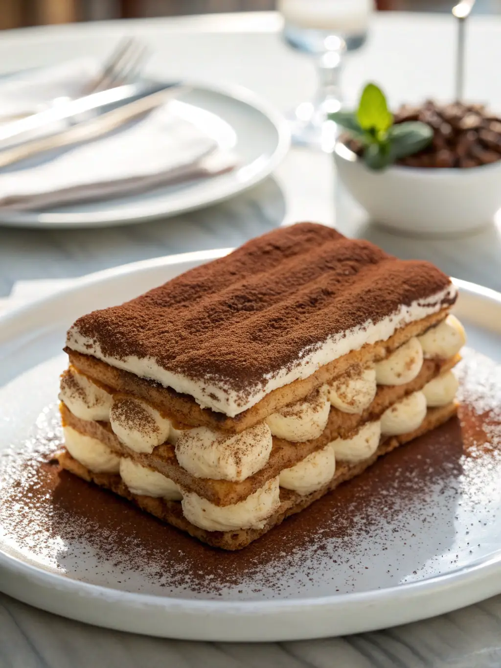 A decadent Tiramisu dessert with layers of coffee-soaked ladyfingers, mascarpone cream, and cocoa powder, served in a glass cup.