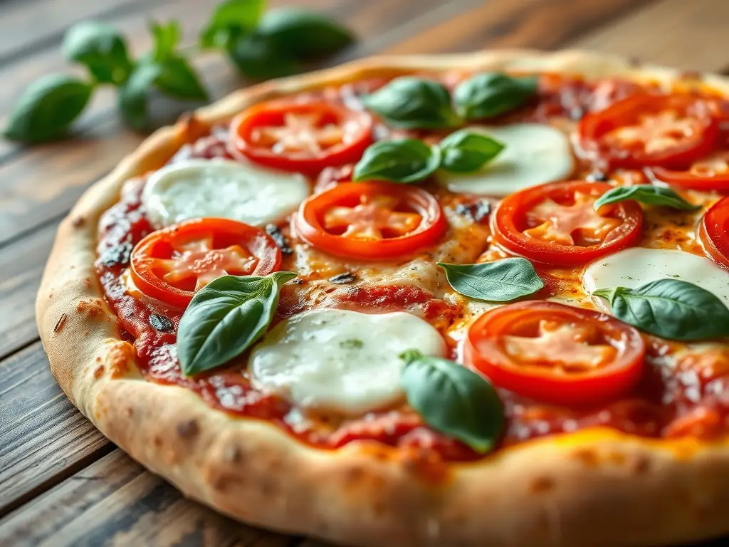 A vibrant, overhead shot of a classic Margherita pizza with fresh basil leaves, ripe tomatoes, and melted mozzarella cheese on a crispy crust, served at Pizza Capers.